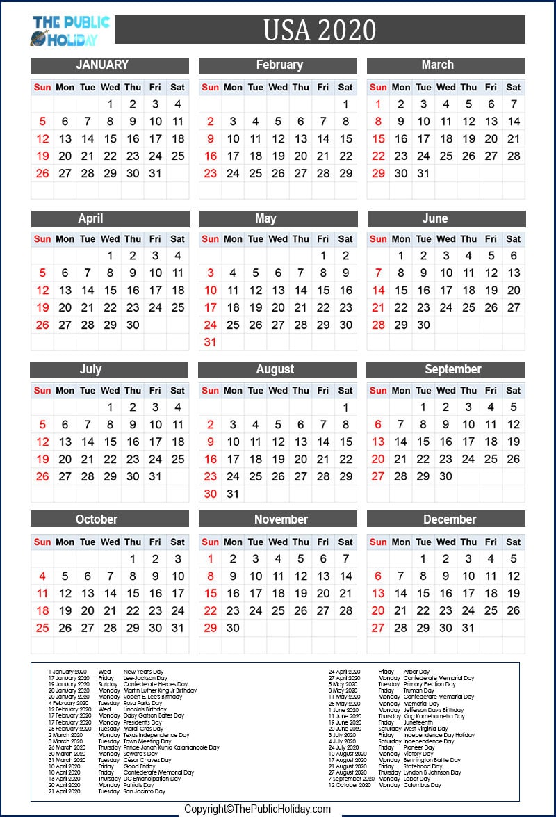US Holidays 2020 Calendar [Public, National, Federal, Bank]