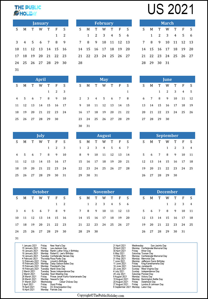 US Holidays 2021 Calendar Public, National, Federal, Bank