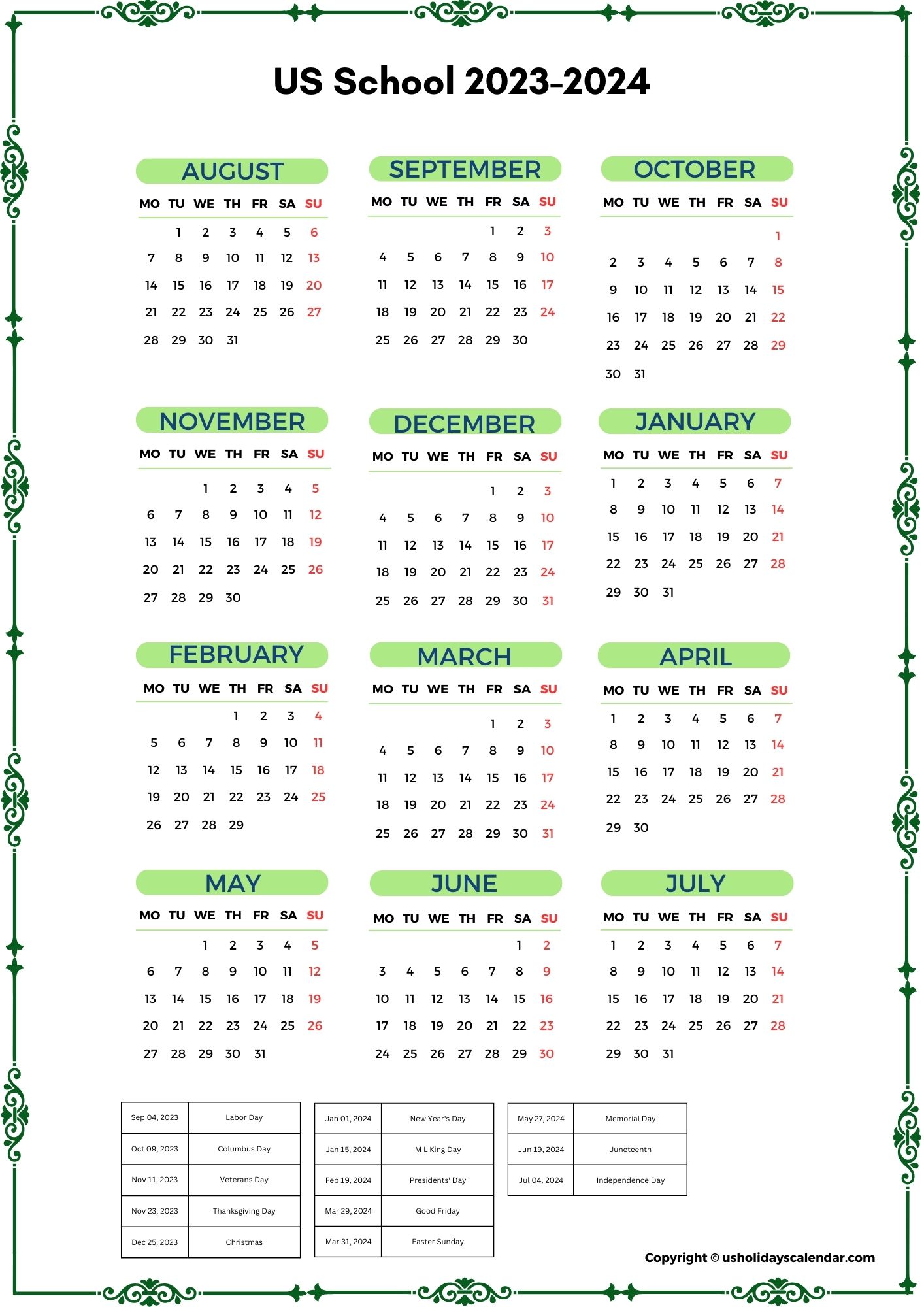 US School Holidays Calendar 2023